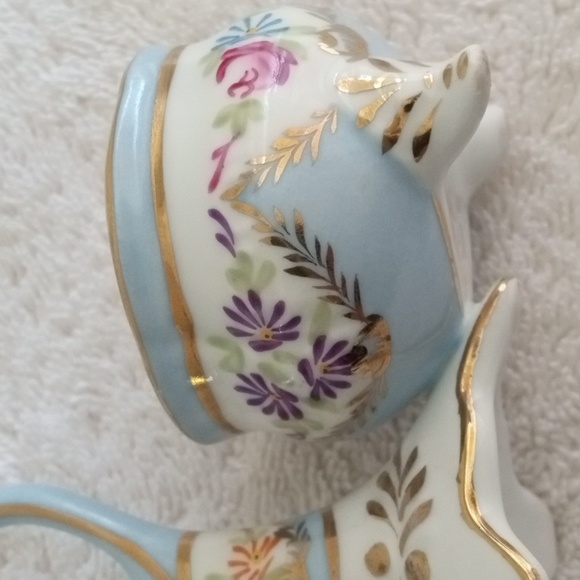 Vintage Limoges China Double Open Salt Server w Handle Blue w Flowers Porcelain - Picture 10 of 13